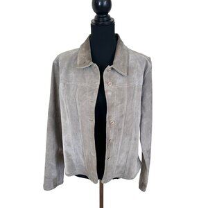 Womens Taupe Suede Jacket Button Up Coat Medium Live A Little Vtg Y2K